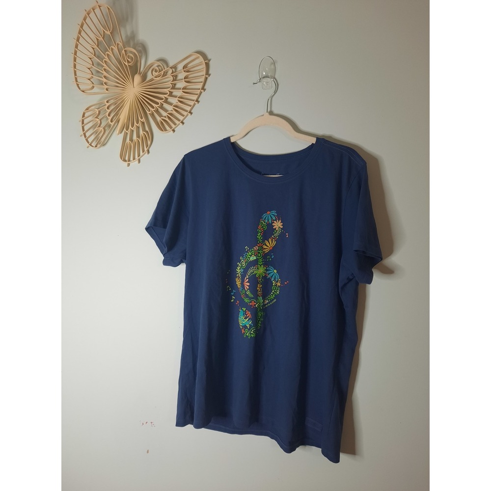 Life is Good Vintage Womens XL Blue Floral Treble Clef Music T-Shirt NWT